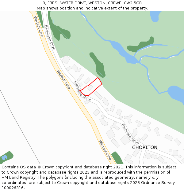 9, FRESHWATER DRIVE, WESTON, CREWE, CW2 5GR: Location map and indicative extent of plot
