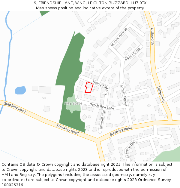 9, FRIENDSHIP LANE, WING, LEIGHTON BUZZARD, LU7 0TX: Location map and indicative extent of plot