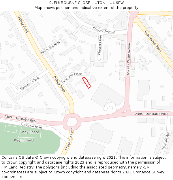 9, FULBOURNE CLOSE, LUTON, LU4 9PW: Location map and indicative extent of plot