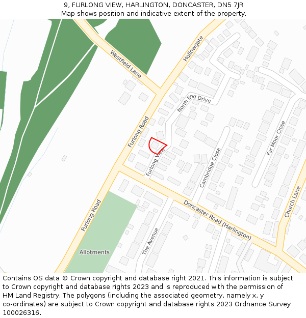 9, FURLONG VIEW, HARLINGTON, DONCASTER, DN5 7JR: Location map and indicative extent of plot