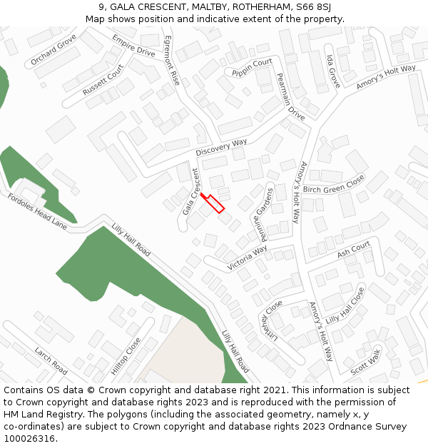9, GALA CRESCENT, MALTBY, ROTHERHAM, S66 8SJ: Location map and indicative extent of plot