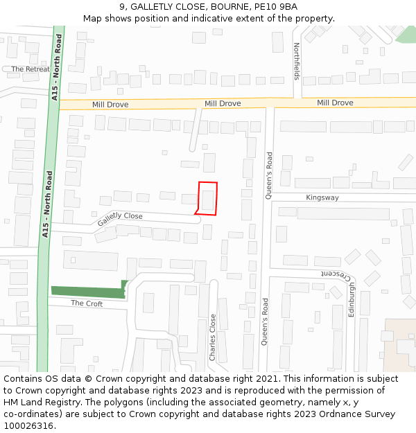 9, GALLETLY CLOSE, BOURNE, PE10 9BA: Location map and indicative extent of plot