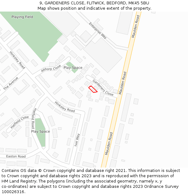 9, GARDENERS CLOSE, FLITWICK, BEDFORD, MK45 5BU: Location map and indicative extent of plot