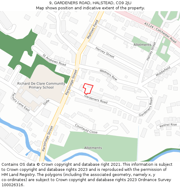 9, GARDENERS ROAD, HALSTEAD, CO9 2JU: Location map and indicative extent of plot