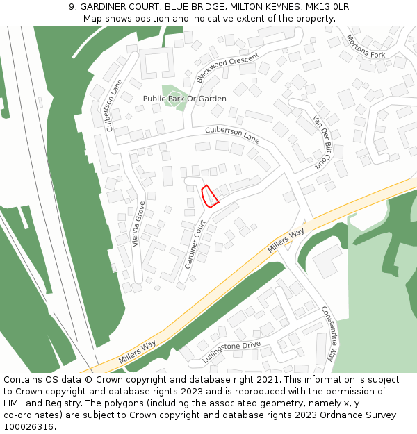 9, GARDINER COURT, BLUE BRIDGE, MILTON KEYNES, MK13 0LR: Location map and indicative extent of plot