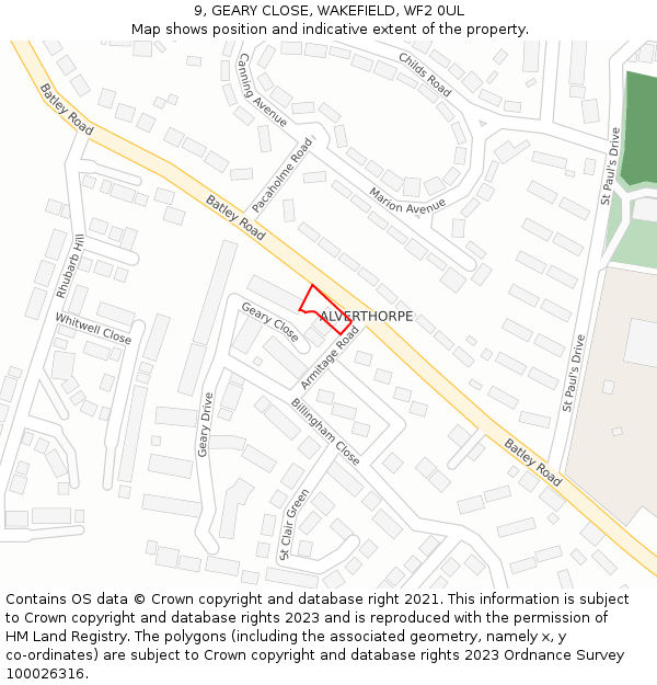 9, GEARY CLOSE, WAKEFIELD, WF2 0UL: Location map and indicative extent of plot