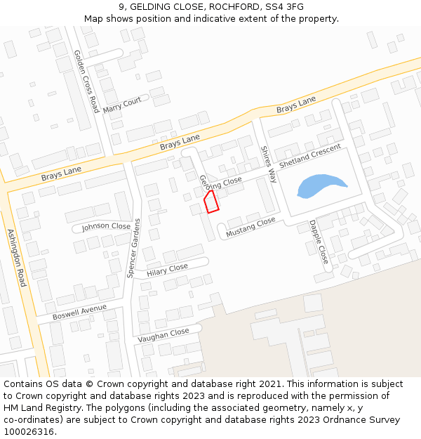9, GELDING CLOSE, ROCHFORD, SS4 3FG: Location map and indicative extent of plot