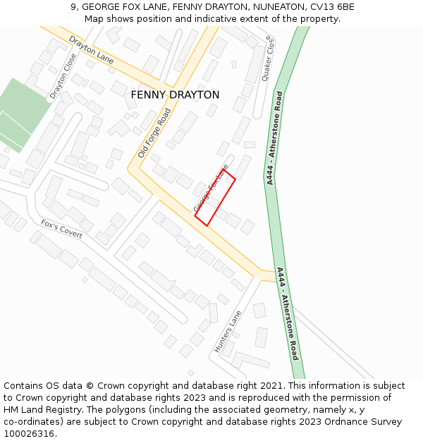 9, GEORGE FOX LANE, FENNY DRAYTON, NUNEATON, CV13 6BE: Location map and indicative extent of plot