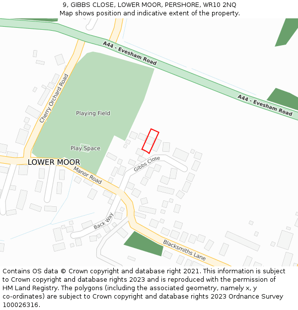 9, GIBBS CLOSE, LOWER MOOR, PERSHORE, WR10 2NQ: Location map and indicative extent of plot