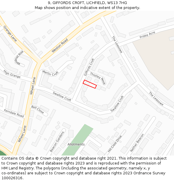9, GIFFORDS CROFT, LICHFIELD, WS13 7HG: Location map and indicative extent of plot