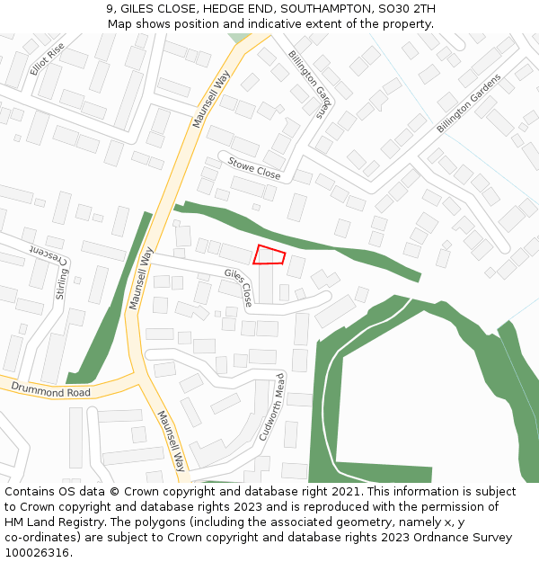 9, GILES CLOSE, HEDGE END, SOUTHAMPTON, SO30 2TH: Location map and indicative extent of plot