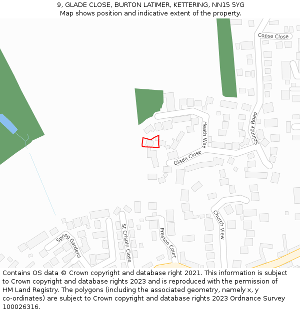9, GLADE CLOSE, BURTON LATIMER, KETTERING, NN15 5YG: Location map and indicative extent of plot