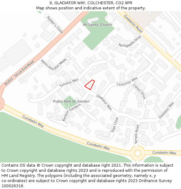 9, GLADIATOR WAY, COLCHESTER, CO2 9PR: Location map and indicative extent of plot