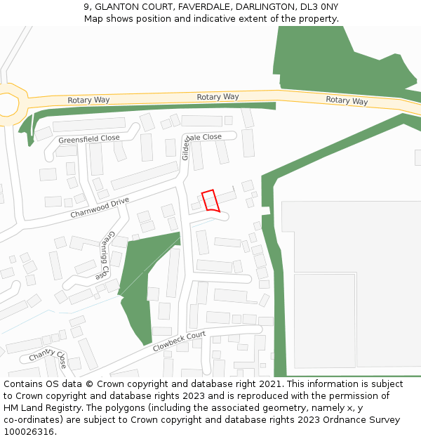 9, GLANTON COURT, FAVERDALE, DARLINGTON, DL3 0NY: Location map and indicative extent of plot