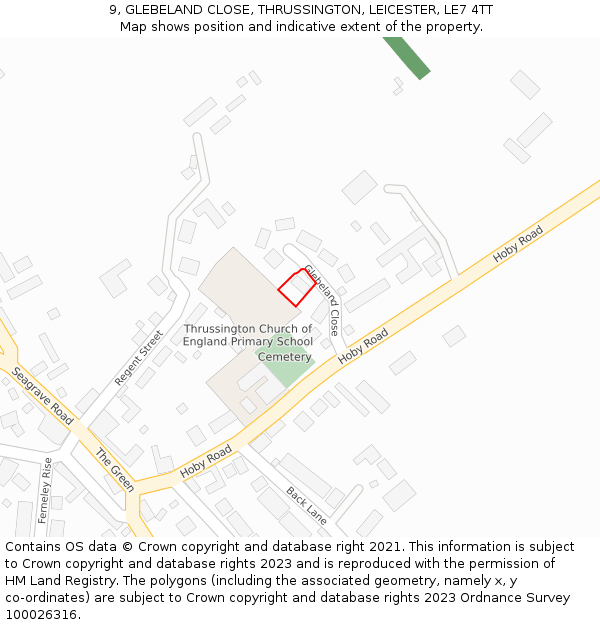 9, GLEBELAND CLOSE, THRUSSINGTON, LEICESTER, LE7 4TT: Location map and indicative extent of plot