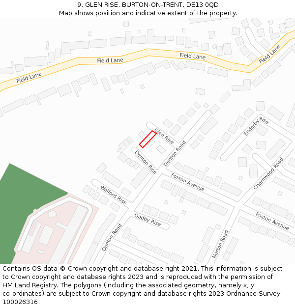 9, GLEN RISE, BURTON-ON-TRENT, DE13 0QD: Location map and indicative extent of plot