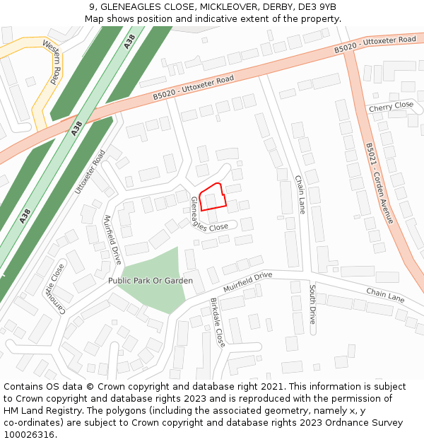 9, GLENEAGLES CLOSE, MICKLEOVER, DERBY, DE3 9YB: Location map and indicative extent of plot