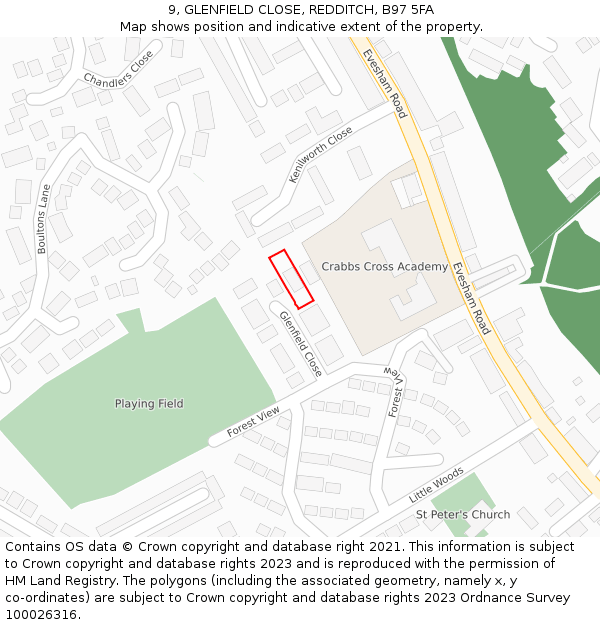 9, GLENFIELD CLOSE, REDDITCH, B97 5FA: Location map and indicative extent of plot