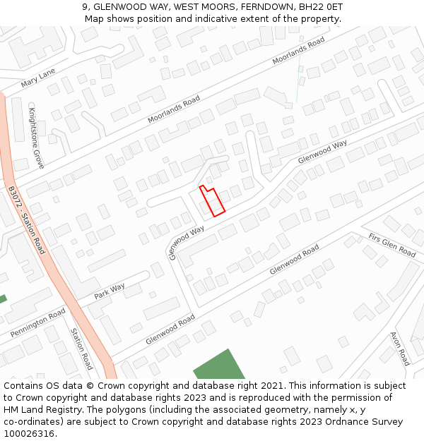 9, GLENWOOD WAY, WEST MOORS, FERNDOWN, BH22 0ET: Location map and indicative extent of plot