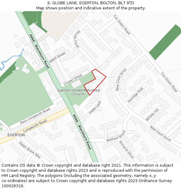 9, GLOBE LANE, EGERTON, BOLTON, BL7 9TD: Location map and indicative extent of plot