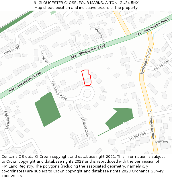 9, GLOUCESTER CLOSE, FOUR MARKS, ALTON, GU34 5HX: Location map and indicative extent of plot