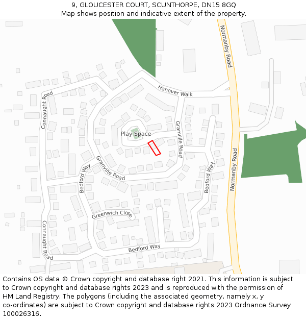 9, GLOUCESTER COURT, SCUNTHORPE, DN15 8GQ: Location map and indicative extent of plot