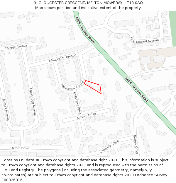 9, GLOUCESTER CRESCENT, MELTON MOWBRAY, LE13 0AQ: Location map and indicative extent of plot