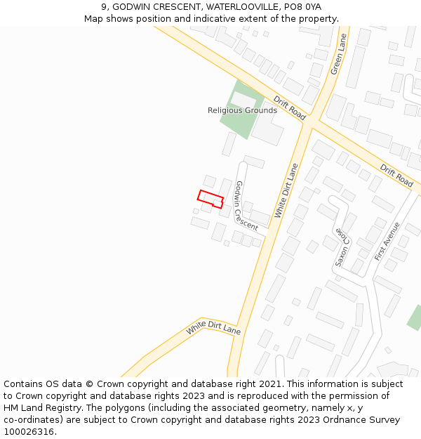 9, GODWIN CRESCENT, WATERLOOVILLE, PO8 0YA: Location map and indicative extent of plot