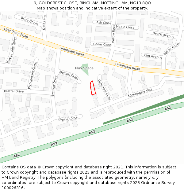 9, GOLDCREST CLOSE, BINGHAM, NOTTINGHAM, NG13 8QQ: Location map and indicative extent of plot