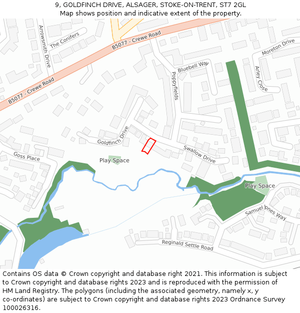 9, GOLDFINCH DRIVE, ALSAGER, STOKE-ON-TRENT, ST7 2GL: Location map and indicative extent of plot