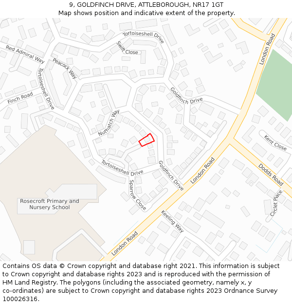 9, GOLDFINCH DRIVE, ATTLEBOROUGH, NR17 1GT: Location map and indicative extent of plot