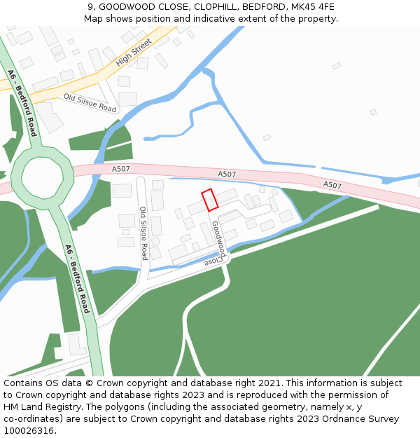 9, GOODWOOD CLOSE, CLOPHILL, BEDFORD, MK45 4FE: Location map and indicative extent of plot