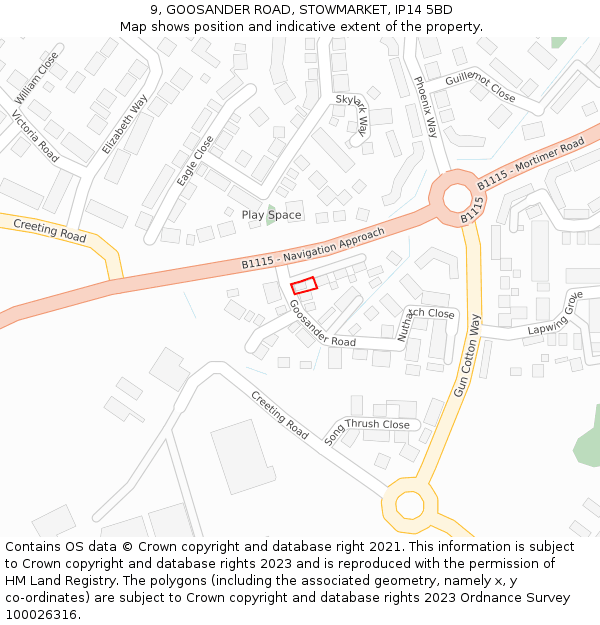 9, GOOSANDER ROAD, STOWMARKET, IP14 5BD: Location map and indicative extent of plot