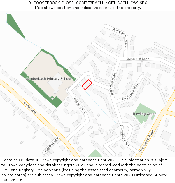 9, GOOSEBROOK CLOSE, COMBERBACH, NORTHWICH, CW9 6BX: Location map and indicative extent of plot