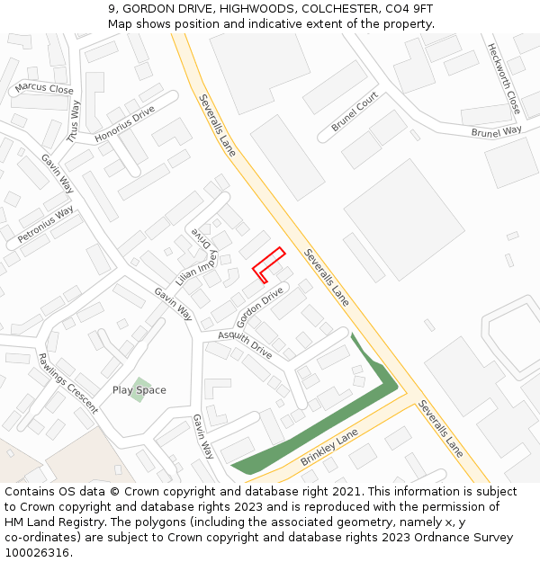 9, GORDON DRIVE, HIGHWOODS, COLCHESTER, CO4 9FT: Location map and indicative extent of plot