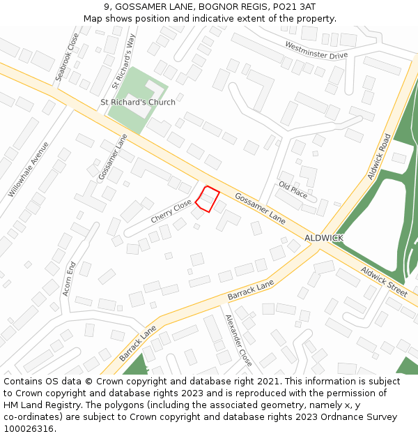 9, GOSSAMER LANE, BOGNOR REGIS, PO21 3AT: Location map and indicative extent of plot