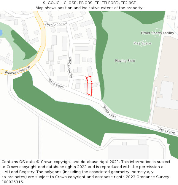 9, GOUGH CLOSE, PRIORSLEE, TELFORD, TF2 9SF: Location map and indicative extent of plot