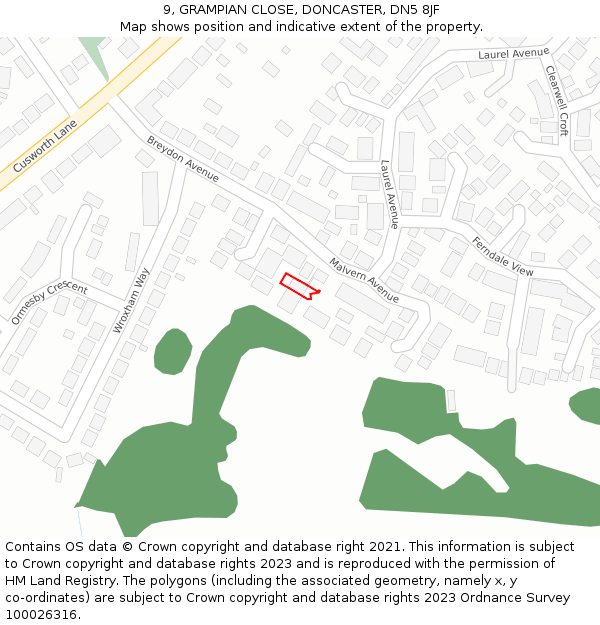 9, GRAMPIAN CLOSE, DONCASTER, DN5 8JF: Location map and indicative extent of plot