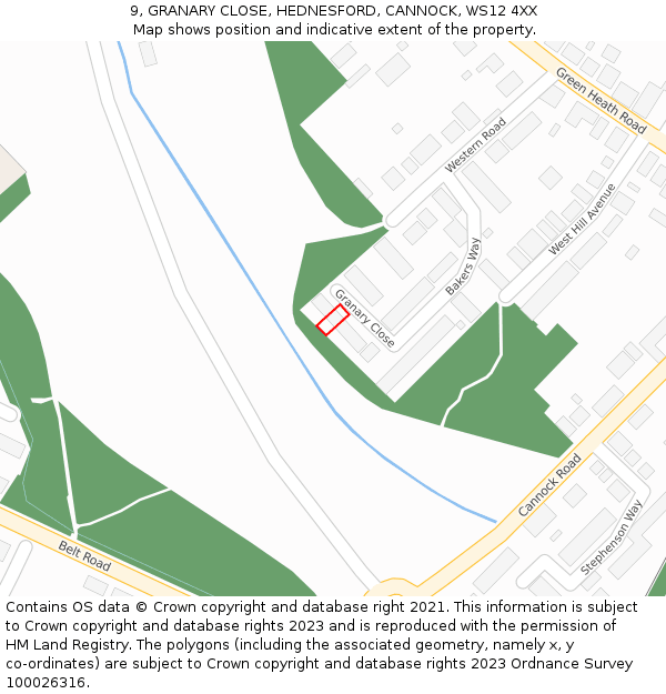 9, GRANARY CLOSE, HEDNESFORD, CANNOCK, WS12 4XX: Location map and indicative extent of plot