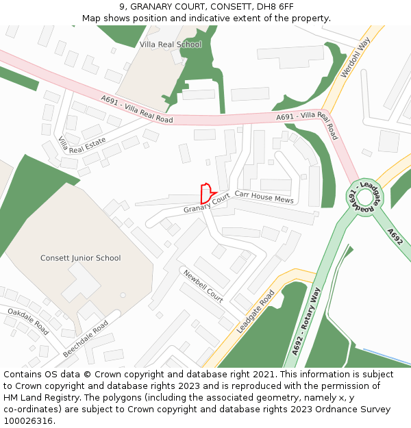 9, GRANARY COURT, CONSETT, DH8 6FF: Location map and indicative extent of plot