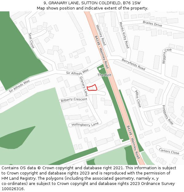 9, GRANARY LANE, SUTTON COLDFIELD, B76 1SW: Location map and indicative extent of plot