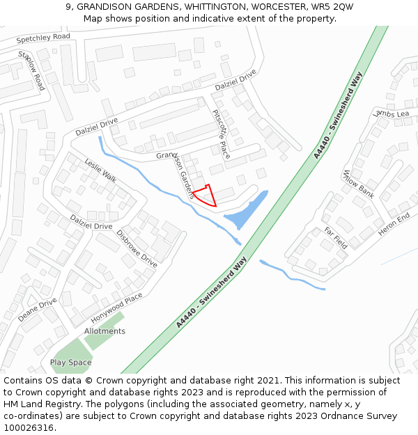 9, GRANDISON GARDENS, WHITTINGTON, WORCESTER, WR5 2QW: Location map and indicative extent of plot