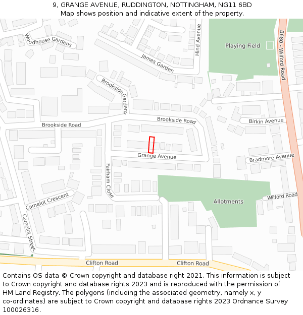 9, GRANGE AVENUE, RUDDINGTON, NOTTINGHAM, NG11 6BD: Location map and indicative extent of plot