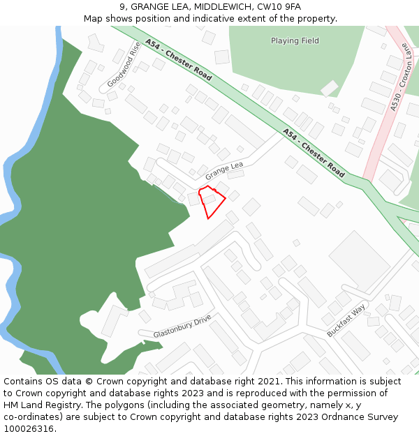 9, GRANGE LEA, MIDDLEWICH, CW10 9FA: Location map and indicative extent of plot