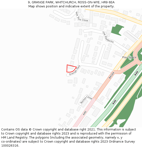 9, GRANGE PARK, WHITCHURCH, ROSS-ON-WYE, HR9 6EA: Location map and indicative extent of plot