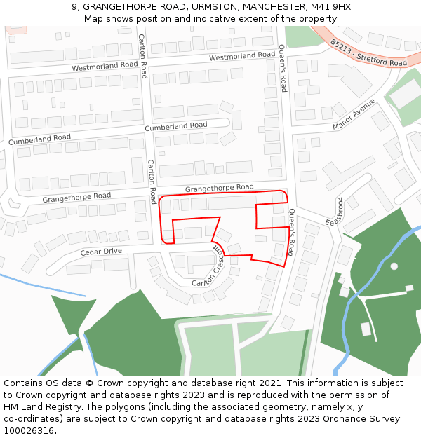 9, GRANGETHORPE ROAD, URMSTON, MANCHESTER, M41 9HX: Location map and indicative extent of plot