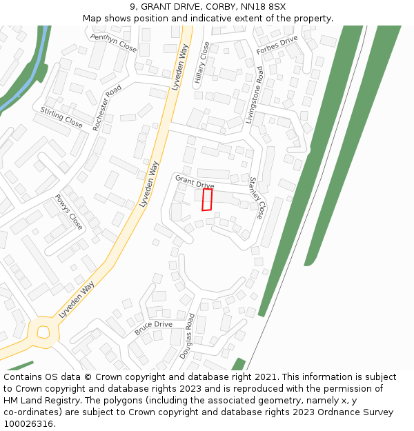 9, GRANT DRIVE, CORBY, NN18 8SX: Location map and indicative extent of plot