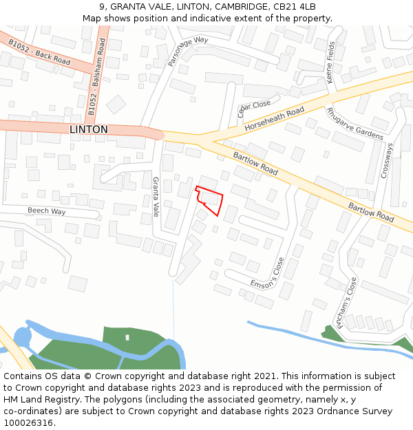 9, GRANTA VALE, LINTON, CAMBRIDGE, CB21 4LB: Location map and indicative extent of plot