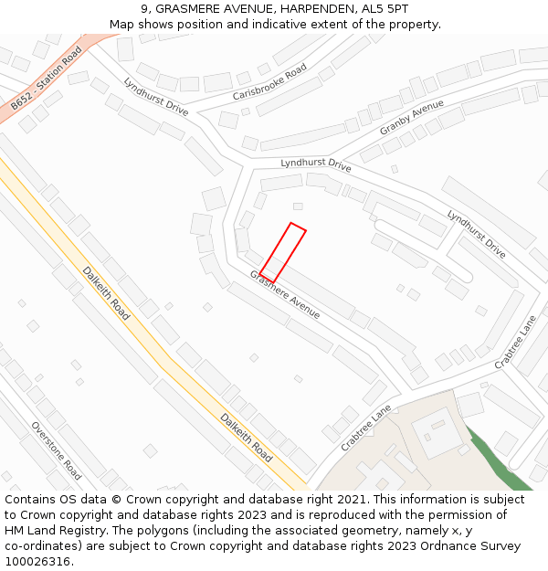 9, GRASMERE AVENUE, HARPENDEN, AL5 5PT: Location map and indicative extent of plot