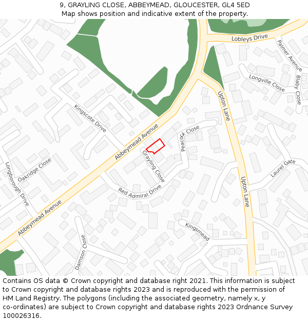 9, GRAYLING CLOSE, ABBEYMEAD, GLOUCESTER, GL4 5ED: Location map and indicative extent of plot